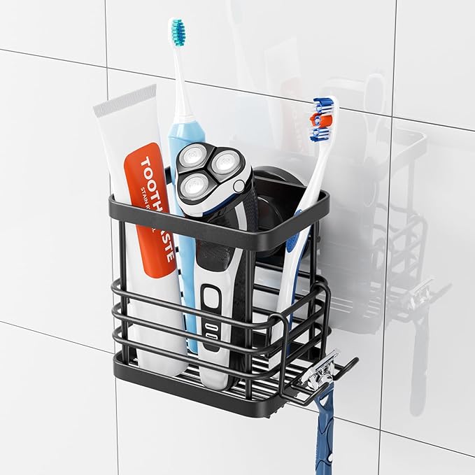TAILI Patented Suction Cup Toothbrush Holders for Bathrooms, Black | Stainless Steel Toothpaste Holder with Razor Hook, Strong Suction Up to 11lbs, Anti-Puddling, No Drill Removable & Reuseable