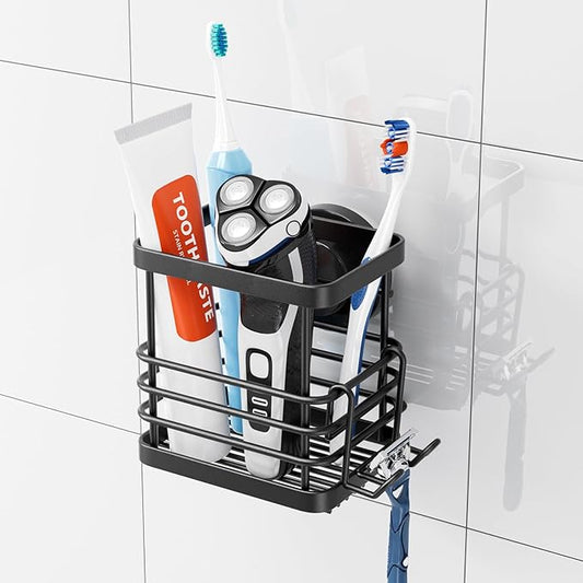 TAILI Patented Suction Cup Toothbrush Holders for Bathrooms, Black | Stainless Steel Toothpaste Holder with Razor Hook, Strong Suction Up to 11lbs, Anti-Puddling, No Drill Removable & Reuseable