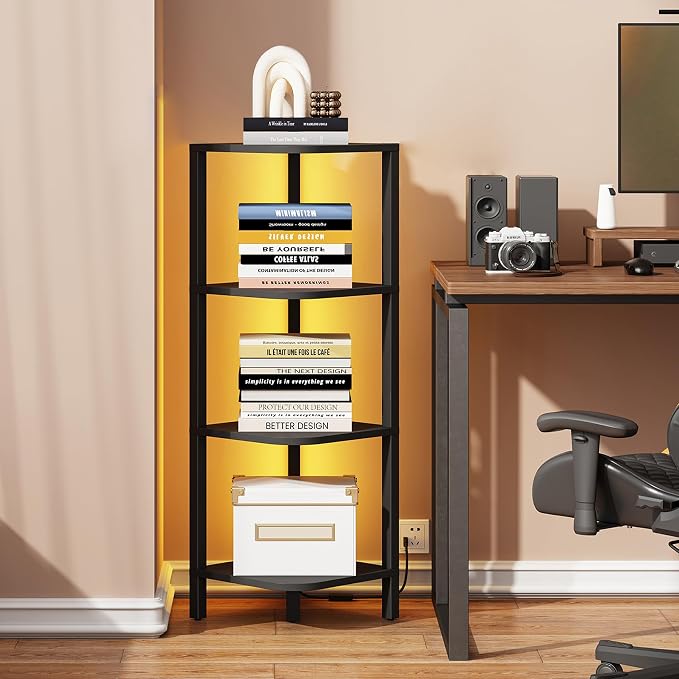 TUTOTAK Corner Shelf, 4-Tier Corner Bookshelf for Small Space | Narrow Display Corner Shelf Stand with Storage Rack, for Living Room, Bedroom, Black BS08BK004L