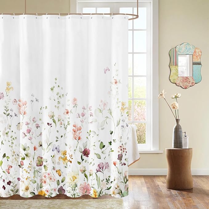 Tititex Blomming Bright Colorful Pink White Floral Shower Curtain, Watercolor Green Leaves with Butterflies Plant Bathroom Decoration Shower Curtain Sets 71x71 Inch with Hooks