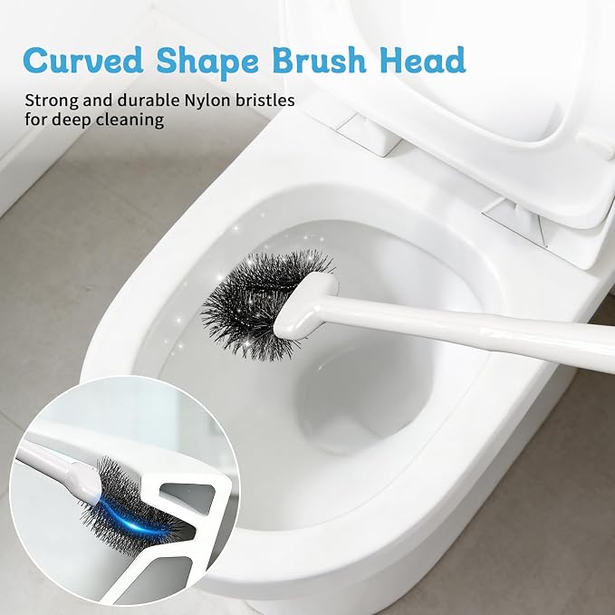 Toilet Brush and Plunger Set, Curved Head for Deep Cleaning, White | Brush and Plunger set, Curved Nylon Bristles for Deep Clean, Strong Suction Plunger, Ventilated Holder for Quickly Air Dry