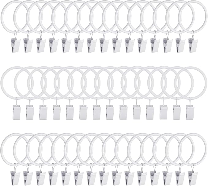 Lansian 44 Pack Curtain Rings with Clips Hooks 1.5 in Diameter Rustproof | Metal Stainless Steel Drapery Rings for Tension Rod Bracket Eyelets Decorative Hanger, Fits 1.38 in Rods, White