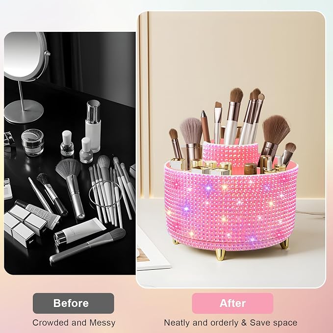 Bling Diamond 360° Makeup Brush Holder Organizer, Rotating Makeup Brush Organizer,5 Slot Make up Brushes Cup for Cosmetics, Vanity Desktop Organizer, Gift for Women Teen Girls- Diamond Pink