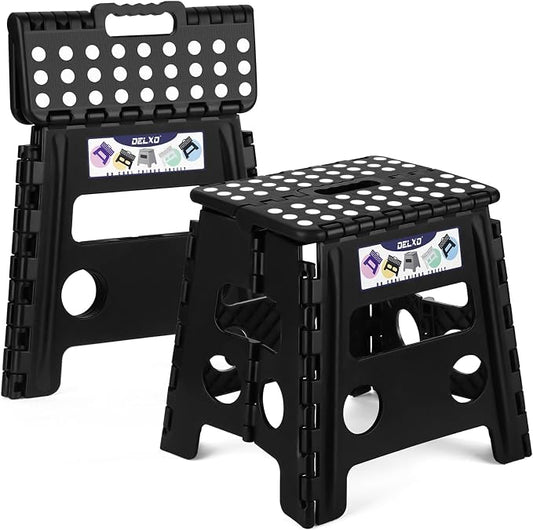Delxo Folding Step Stool 13 inch 2 Pack,300 Lbs Step Stool for Kids&Adults | Foldable Step Stool,Non-Slip Foot Stools with Handle Lightweight Collapsible stools for Kitchen,Bathroom,Bedroom,Garden Black
