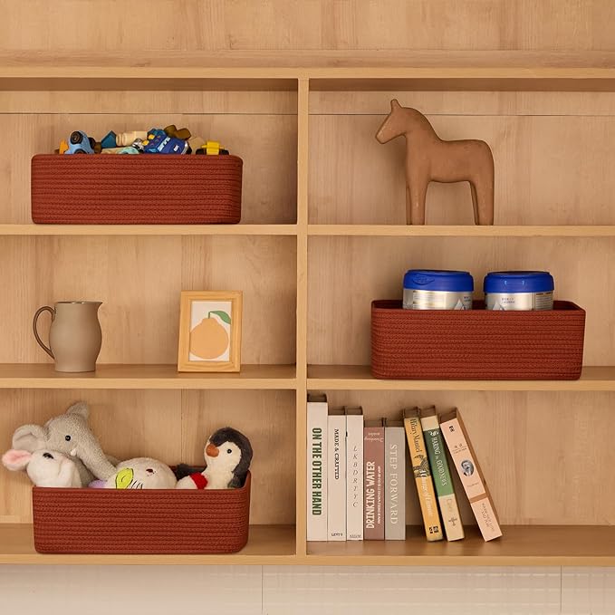 MiniArk Large Shallow Organizing Baskets 15x11x5.1 Inches - Rope Woven Storage Bins for Bathroom, Shelves, Cube Closet, Red 3 Packs