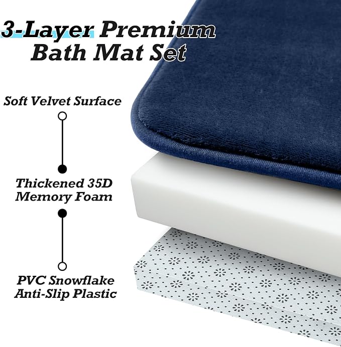 Bathroom Rugs Sets 2 Piece, Non-Slip & Quick Dry Bath Mat Set, Ultra Soft Velvet Bath Rugs for Bathroom, Toilet and Shower Floor, Navy