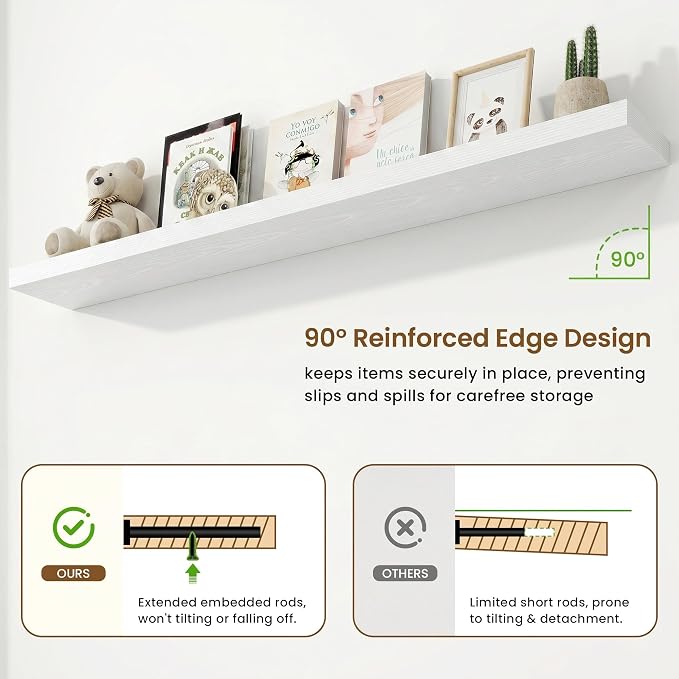 72in Floating Shelves for Wall, 72"W x 9.25"D x 1.5"H, White, 2Pcs | Long Wall Mounted Engineered Wood Shelves with Invisible Brackets for Living Room, Bedroom, Bathroom, Kitchen, 9.25in Depth