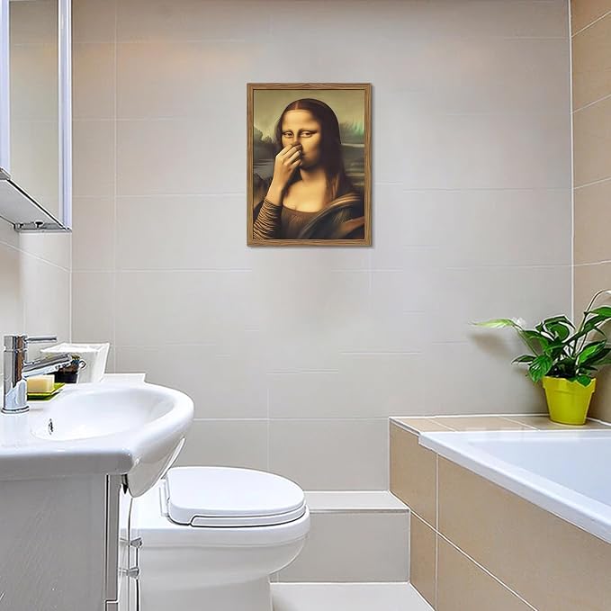 Framed Funny Mona Lisa Bathroom Wall Art, Mona Lisa Holding Her Nose Picture Wall Decor, Vintage Whimsical Canvas Artwork Poster Print for Restroom Toilet Bathroom 16x24 Inch Framed