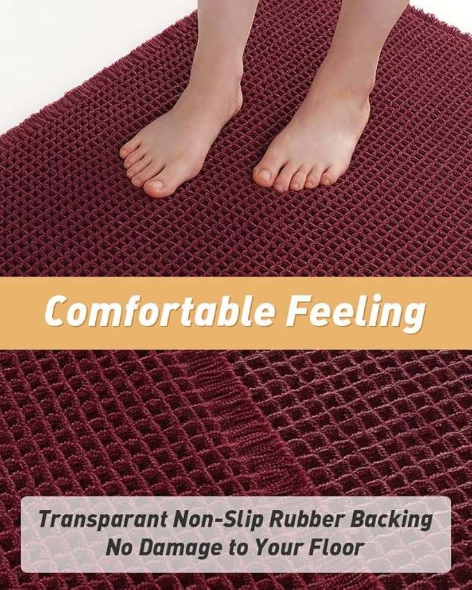 AMOAMI Upgraded Waffle Bath Mat, Super Absorbent Non Slip Bath Mats for Bathroom Floor, Washable Bathroom Rugs with Tassels, Rubber Backed Bathroom Mats, Ultra Soft, 18" x 30", Burgundy