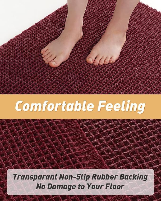 AMOAMI Upgraded Waffle Bath Mat, Super Absorbent Non Slip Bath Mats for Bathroom Floor, Washable Bathroom Rugs with Tassels, Rubber Backed Bathroom Mats, Ultra Soft, 20" x 32", Burgundy