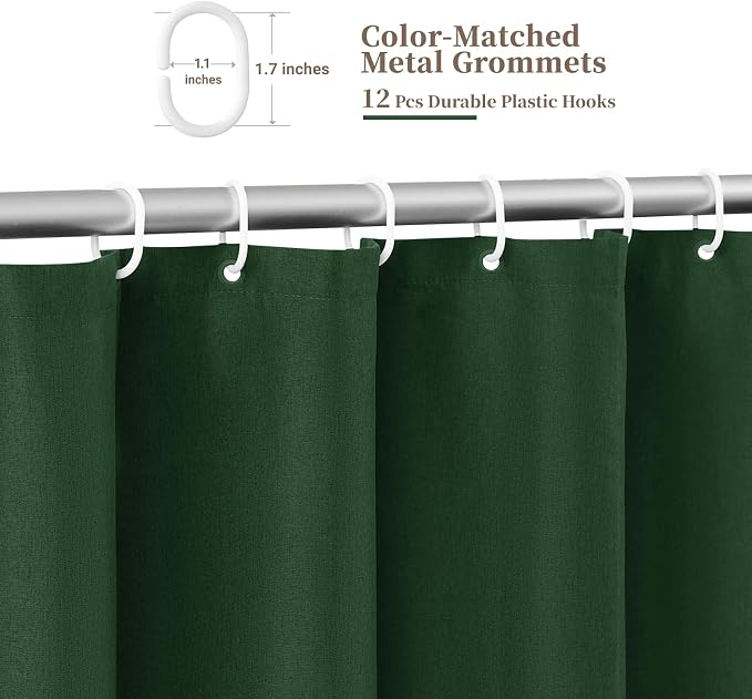 Boho Scalloped Linen Textured Cloth Shower Curtain Set, 72x84, Emerald | Tall Size, 230GSM Waterproof Polyester, Heavy Duty Fabric, 12 Plastic Hooks, Elegant Modern Farmhouse Style, Machine Washable