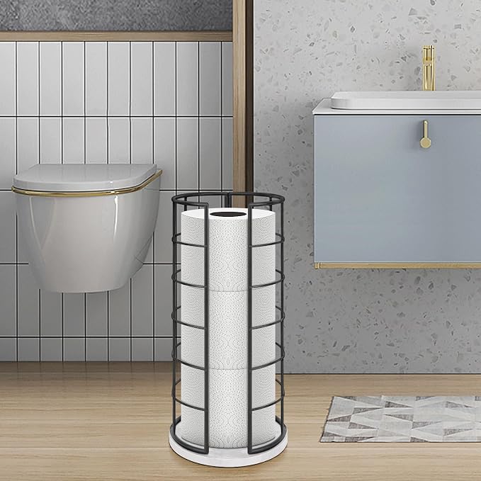 NearMoon Toilet Paper Organizer Stand, Free Standing 3 Rolls Tissue Storage, Metal Bathroom Accessory, Rustproof Toilet Roll Holder for Kitchen Countertop Inside Cabinet Shelf(Marble Base,Matte Black)