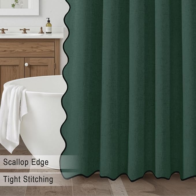 Scalloped Shower Curtain Linen Boho Flax Dark Green 72" W x 72" L | Linen Fabric, Black Border, Washable, Heavy Duty Cloth, Shower Curtain for Boho Farmhouse Bathroom Bathtub