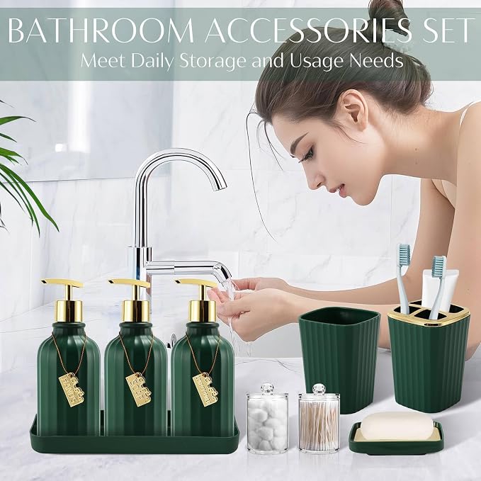 17PCS Bathroom Accessories Set, Dark Green Bathroom Set Bathroom Accessories Set with Trash Can, Toilet Brush, Toothbrush Holder, Qtip Holder & 3PCS Soap Dispenser