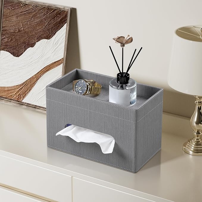 Plus Size Tissue Box Cover, Rectangle Tissue Box Organizer, Grey | Fit 180/230 Count Tissue Boxes, Storage Tray, PU Leather Large Tissue Box Cover, Rectangular Tissue Box Holder for Bathroom