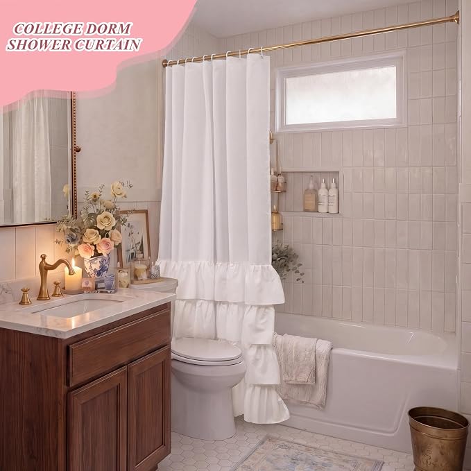 Hahafelt White Dorm Ruffle Shower Curtain 72 x 72 Inches, Half Ruffle | Fabric Preppy Ruffled Shower Curtain with 12 Hooks, Cute Dorm Bathroom Decor, Farmhouse College High School Bathroom Decor