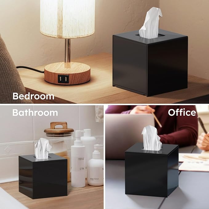 FEMELI Matte Black Tissue Boxs Covers Holder Square Acrylic for Bathroom | Acrylic Black Matte Tissue Box Cover Modern Decorative Facial Paper Dispenser for Bathroom Bedroom Kitchen