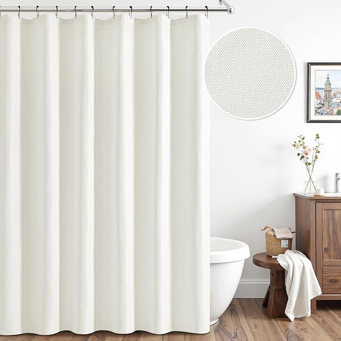 ANRODUO White Linen Textured Fabric Shower Curtain Set - W72xL84 | Farmhouse Shower Curtain with 12 Metal Hooks, Waterproof Heavy Duty, Button Hole Design, Machine Washable for Bathroom