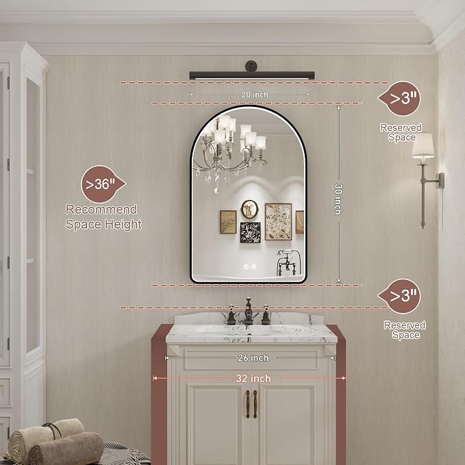 20X30 Inch Black Framed Arched LED Lighted Bathroom Mirror,3 Color | ETL Listed,Anti-Fog,3000K/4500K/6000K Dimmable,Horizontal & Vertical,Memory Function,Ideal for Bathroom Lighted,Vanity