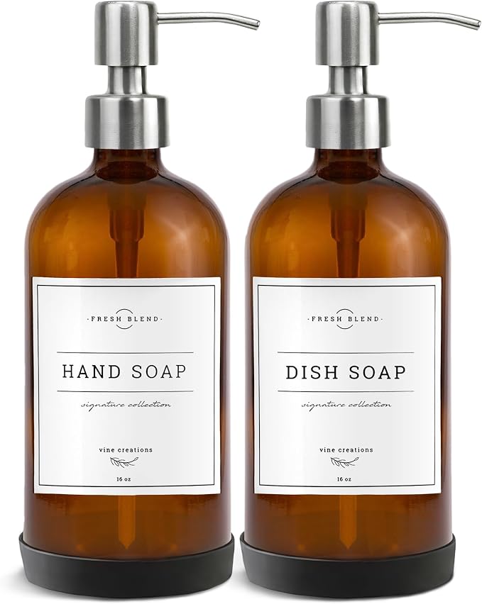 Vine Creations Amber Glass Soap Dispenser, 2 Pack Kitchen Soap Dispenser Set with Stainless Steel Pump, 16 oz Hand Soap or Dish Soap for Bathroom or Kitchen with Waterproof Labels