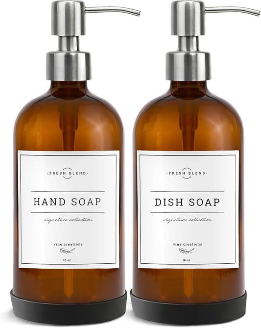 Vine Creations Amber Glass Soap Dispenser, 2 Pack Kitchen Soap Dispenser Set with Stainless Steel Pump, 16 oz Hand Soap or Dish Soap for Bathroom or Kitchen with Waterproof Labels
