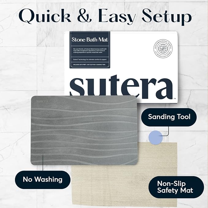Stone Bath Mat for Bathroom, Dries in Seconds - Diatomaceous Earth, Gray | Super absorbent, quick-drying & easy to clean. Natural material that lasts — restores with light sanding.
