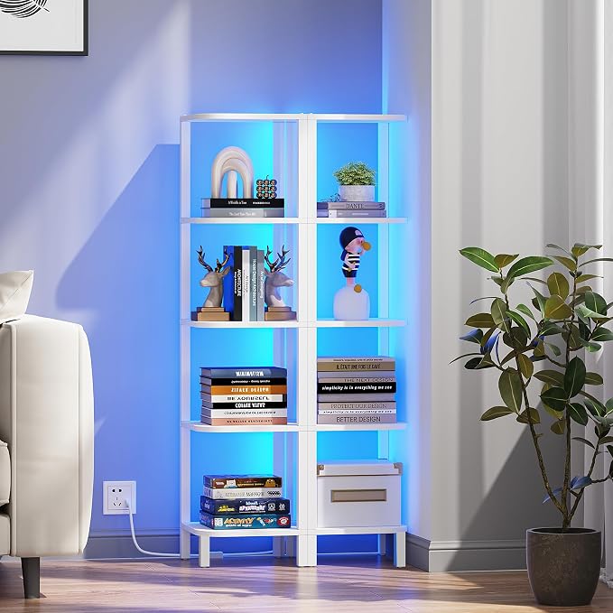 TUTOTAK Corner Shelf with LED Light, 5-Tier Corner Bookshelf | for Small Space, Narrow Display Corner Shelf Stand with Storage Rack, for Living Room, Bedroom, White BS08BW005L