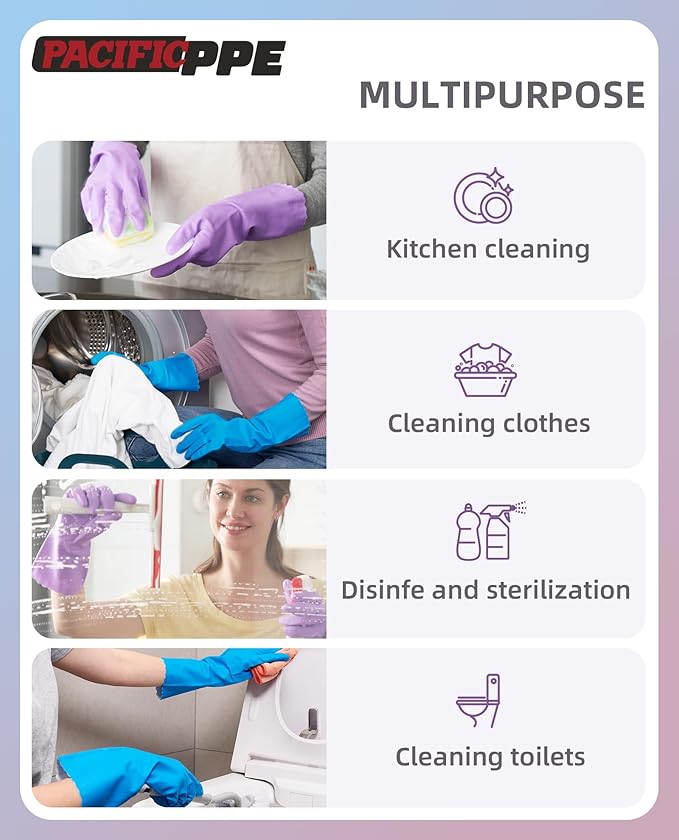2 Pairs Dishwashing Gloves, Cotton Flocked Liner, Blue, Large | Waterproof dishwashing gloves with non-slip grip, Latex-Free, flexible fit for kitchen, bathroom, laundry & cleaning