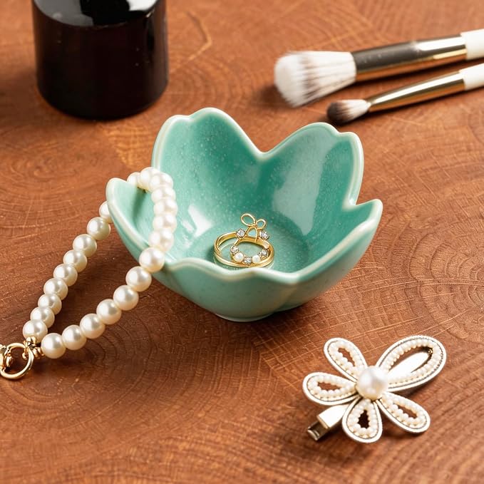 Floral Ceramic Jewelry Tray, 3.5" Ring Holder Trinket Bowl | Petite bowl keeps rings, earrings, keys, and keepsakes visible on vanities or dressers, making a sweet gift for women