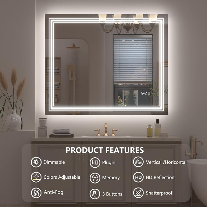 48x36 Led Lighed Bathroom Mirror for Wall, Large Dimmable Vanity Mirror with Lights, Anti-Fog, Shatterproof, Memory， ETL Listed (Backlit and Front Lighted) | Dimmable Vanity Mirror with Lights for Wall, Backlit and Front lit, Anti-Fog, Shatter-Poof, ET...
