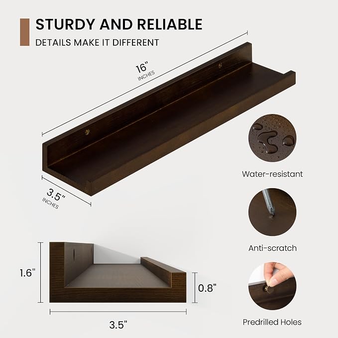 Fun Memories Picture Ledge Shelf, Solid Pine Wood Floating Shelves Set of 4, 16 Inches Nursery Book Shelves for Toys Storage, Kids Bookshelf Wall Mounted for Living Room Decor Photo Frames, Walnut