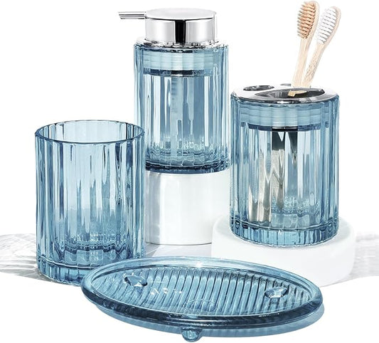 CERBIOR Bathroom Accessories Set, 4 PCS Glass Bathroom Set,Silver Blue | Includes Soap Dispenser, Toothbrush Holder, Toothbrush Cup, Soap Dish for Decorative Countertop and Housewarming Gift