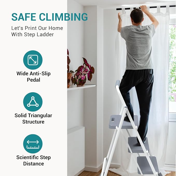 OLIXIS 3 Step Ladder, 800lbs Foldable Step Stool with Anti-Slip Pedal | Heavy Duty Portable Stepping Stool with Sturdy Steel Ladder & Comfortable Handrail, for Kitchen, Garage, Outdoor Use - Grey