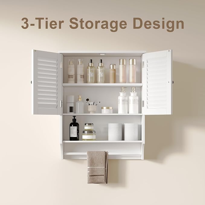 ChooChoo Bathroom Wall Cabinet with Towel Bar and Ample Storage | 23.6"L x 7.9"W x 27.5"H MDF Medicine Cabinet, Over The Toilet Space Saver Storage Cabinet with Adjustable Shelf, White