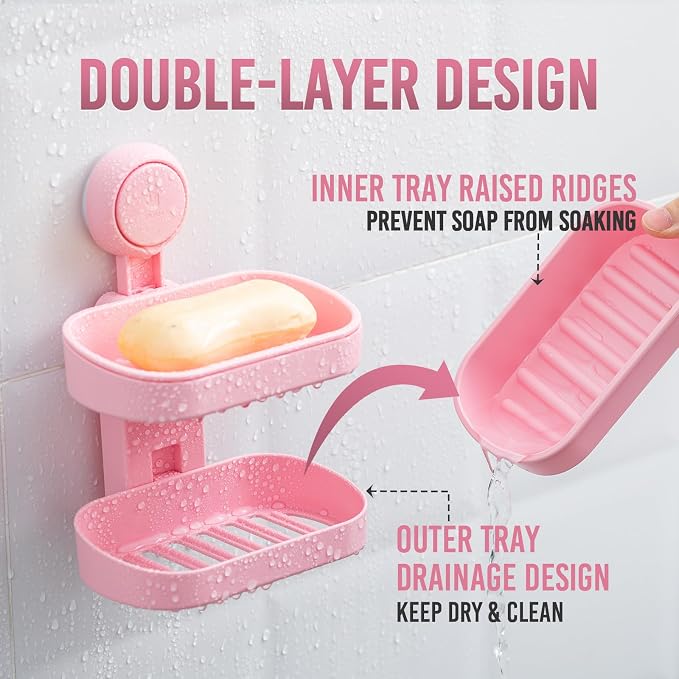 TAILI Soap Holder, Soap Dish for Shower Suction Cup, Bar Soap Holder, Pink | 2 Layer Removable Soap Holder Shower, Soap Tray for Shower Wall, Drill Free Sponge Holder, Bathroom & Kitchen, No drill