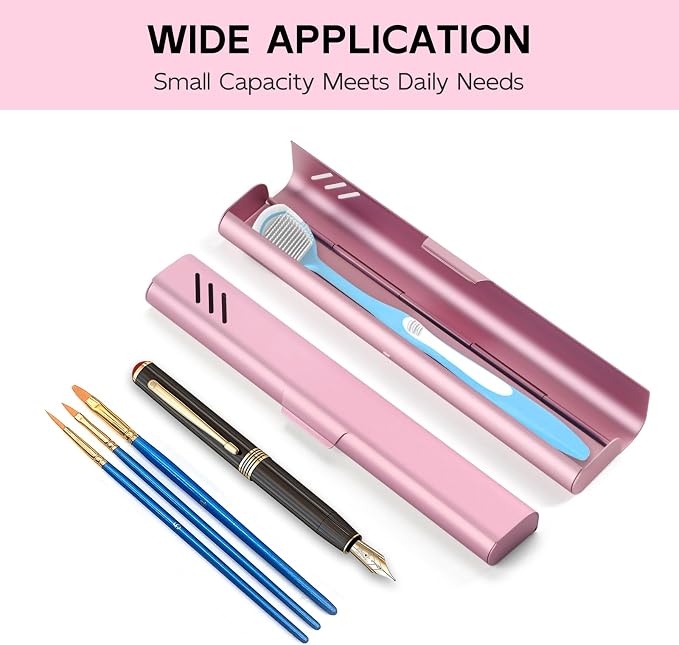 Travel Toothbrush Case, 2Pack Portable Toothbrush Holders, Durable Aluminum Toothbrush Storage Box, Small Breathable Manual Toothbrush Container for Traveling, Camping, Business Trip - Pink