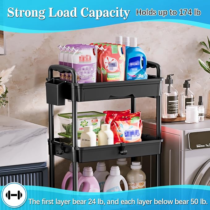 SUNALLY 4 Tier Rolling Cart with Drawer, Craft Storage Cart Organizer,Black | Bathroom Storage Organizer with 2 Lockable Wheels, Rolling Utility Cart for Kitchen, Office, Baby, Makeup, Nail,Snack,Laundry