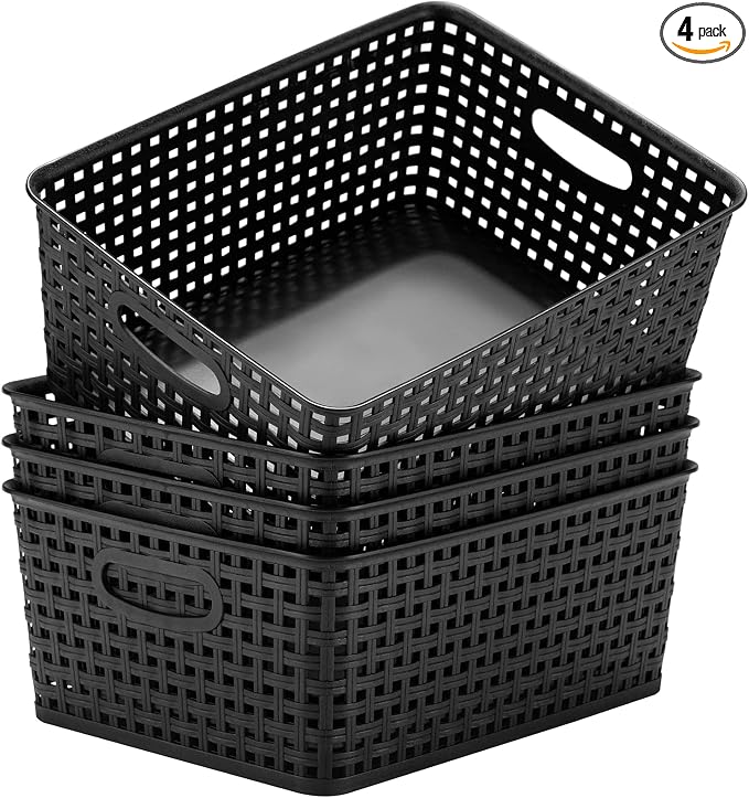 Eslite Plastic Storage Baskets for Organizing,11"X8.5"X4.7",Pack of 4 (Black)