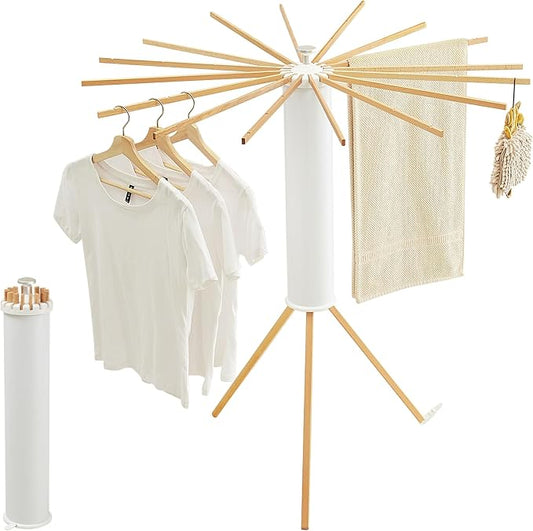 JOOM Clothes Drying Rack, Clothing Stand, Foldable Laundry Drying Rack | Portable clothes rack with wooden rods, plastic cylinder and tripod base for apartments, balconies, RVs, camping and travel.