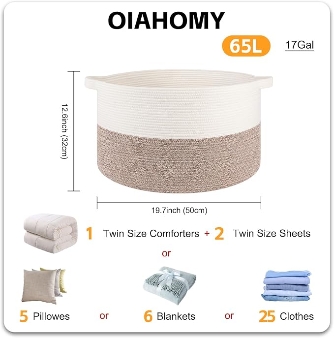 OIAHOMY Large Blanket Basket for Living Room, 19.7" x 12.6" Woven Cotton Rope Laundry Basket for Organizing Pillows, Decorative Stuffed Animal Toy Storage for Nursery, White and Linen Brown