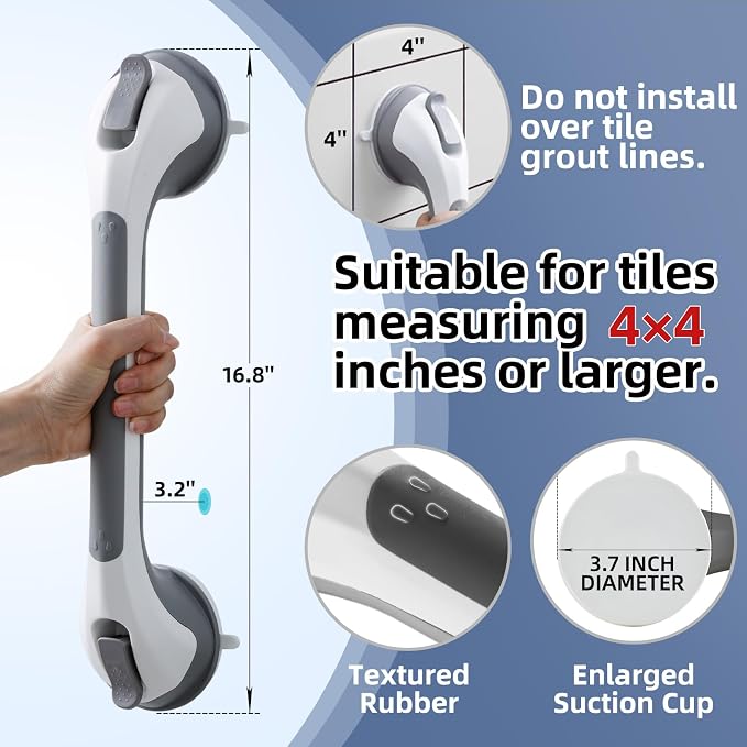 Shower Grab Bars,Suction Shower Handles,2 Pack,16.8",Grey | safety for elderly,seniors,showers,bathtubs&toilet,bathroom grip bar heavy duty rails,no drilling removable waterproof