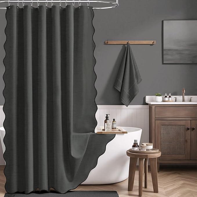 Boho Scalloped Linen Textured Shower Curtain Set, 72x84, Charcoal Grey | Tall Size, 230GSM Waterproof Polyester, Heavy Duty Fabric, 12 Plastic Hooks, Elegant Modern Farmhouse Style, Machine Washable