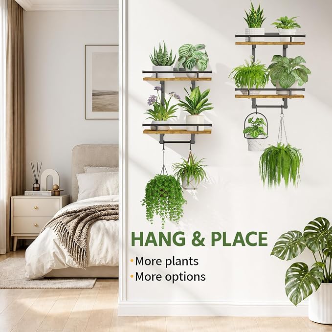 LASZOLA Floating Plant Shelves Holder Wall Mounted Indoor, 2 Pack Brown | 2 Tier Window Hangers Stand with Hooks, Metal and Wood, Flower Hanging Display Rack for Bedroom Living Room Kitchen Decor