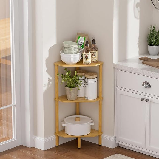 3 Tier Bamboo Corner Shelf, Storage Stand with Adjustable Feet, Small Spaces Corner Bookshelf, Plant Stand, Space-Saving Organizer Shelves, Small Corner Table for Bathroom Kitchen Living Room