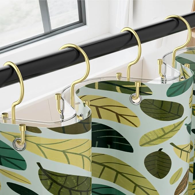 24 Pcs Shower Curtain Hooks, OEH Shower Curtain Rings, Durable Gold Shower Curtain Hooks Rust Proof, Shower Rings for Curtain, Free Sliding Anti-Drop Double Shower Hooks for Shower Curtain Rod, Gold
