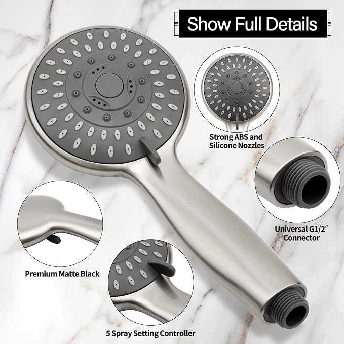 Handheld Shower Head High Pressure 5-Settings with Hose, Matte Black | Powerful Water Spray, Against Low Pressure Water Flow, 59 Inch Stainless Hose, Adjustable Mount