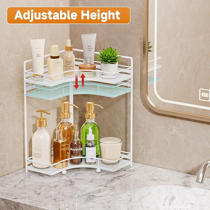 VITVITI 2-Tier Corner Bathroom Counter Organizer, Bathroom Countertop Organizer Storage for Sink, Metal Mesh Makeup Organizer for Vanity Countertop Kitchen with Hooks,White