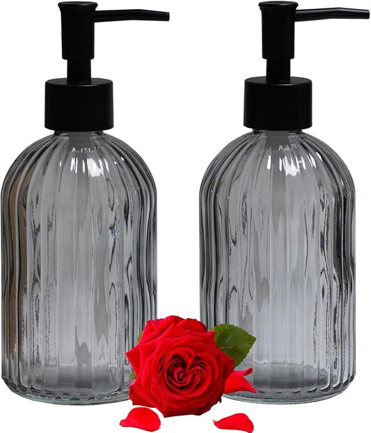 YYTSGG Gray Glass Soap Dispenser Set with Black Pump, 13.5oz, 2 Pack | Refillable Liquid Hand Soap Dispenser, Lotion Dish Soap Dispenser for Modern Home Decor, Bathroom, Kitchen Countertop, Hotel