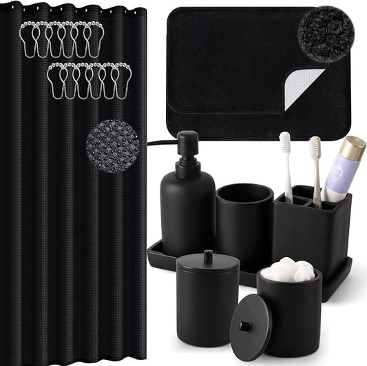 21 Pcs Bathroom Accessory Set with Waterproof Shower Curtain and Non Slip Mat, Resin Bath Set with Toothbrush Holder and Lotion Soap Dispenser, Bathroom Countertop Organizer Set for Home Apartment
