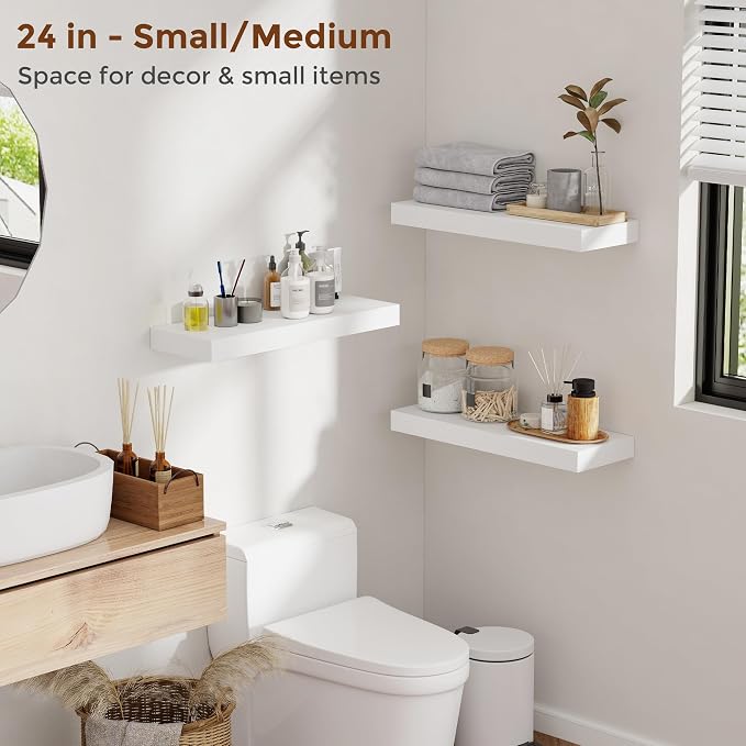 Heimlove 36 Inch Floating Shelves for Wall 8 Inch Deep White Shelves Set of 2,Wall Mounted Rustic Wood Long Floating Shelf with Invisible Brackets for Bedroom Kitchen Living Room